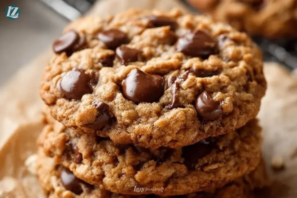 Freshly baked oatmeal chocolate chip cookies on a baking tray