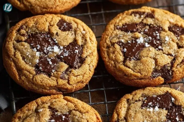 Freshly baked sea salt brown butter chocolate chip cookies on a cooling rack