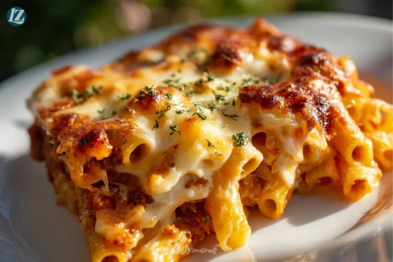 Finished serving of Easy Baked Ziti on plate