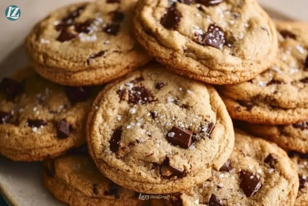 Soft brown butter chocolate chip cookies on a plate, ready to enjoy.
