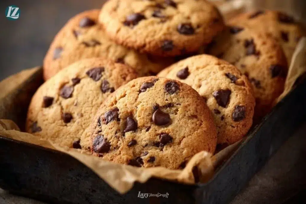 Freshly baked soft chewy chocolate chip cookies on a plate