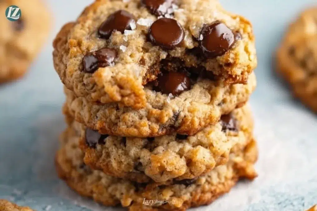 Homemade soft chewy oatmeal cookies on a wooden table