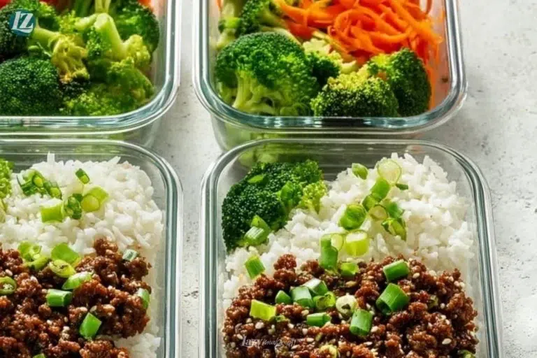 Spicy firecracker beef meal prep bowl with rice and vegetables