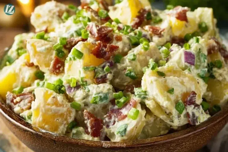 Delicious steakhouse potato salad served in a bowl with fresh herbs