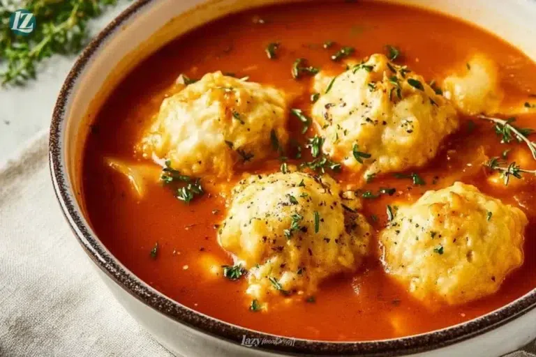 Bowl of tomato soup with fluffy cheddar bay dumplings on top.