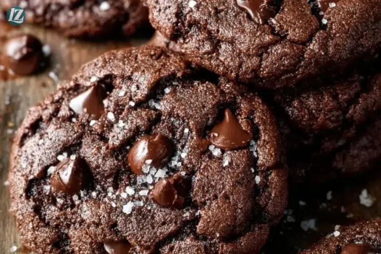 Plate of vegan double chocolate chip cookies with melted chocolate chunks