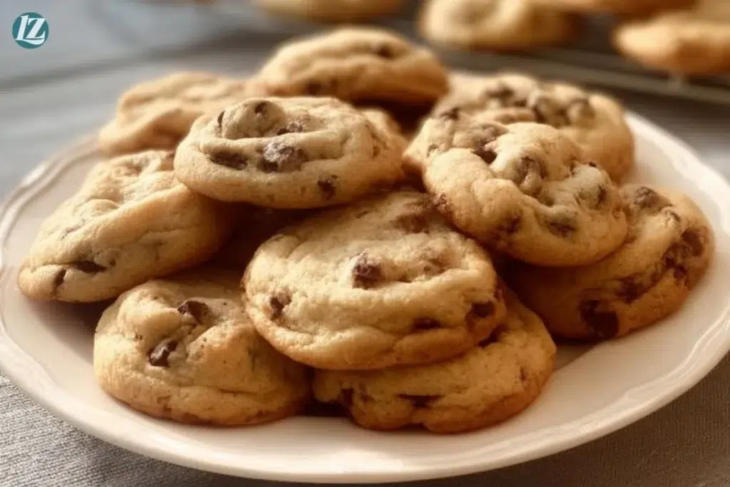 Freshly baked chocolate chip cookies on a cooling rack