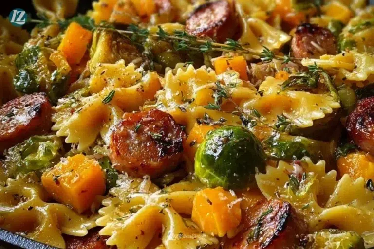 Delicious Autumn Sausage Pasta Squash dish served in a bowl.