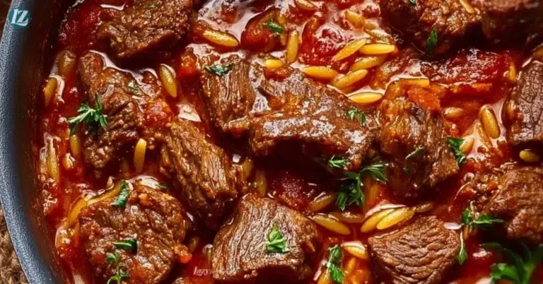 Delicious Beef Giouvetsi with tender beef and orzo in a flavorful sauce