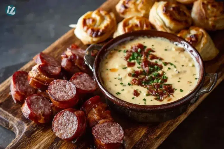 Creamy Beer Cheese Dip with Bacon served with pretzels for dipping