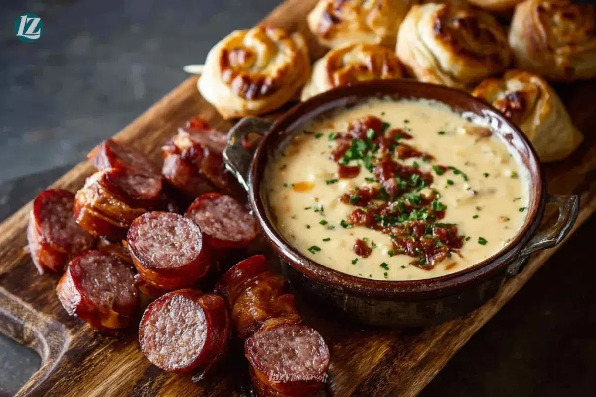 Creamy Beer Cheese Dip with Bacon served with pretzels for dipping