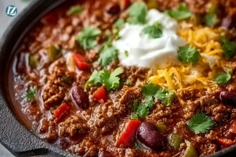 Delicious ground beef chili simmering on the stovetop in a pot.