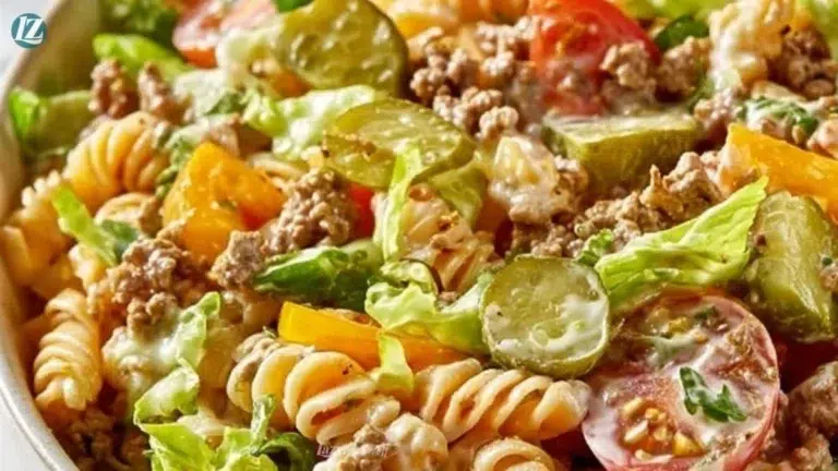 A bowl of Big Mac Pasta Salad featuring pasta, lettuce, cheese, and special dressing.