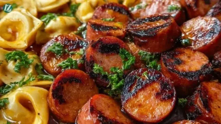 Plate of Blackstone grilled kielbasa with tortellini
