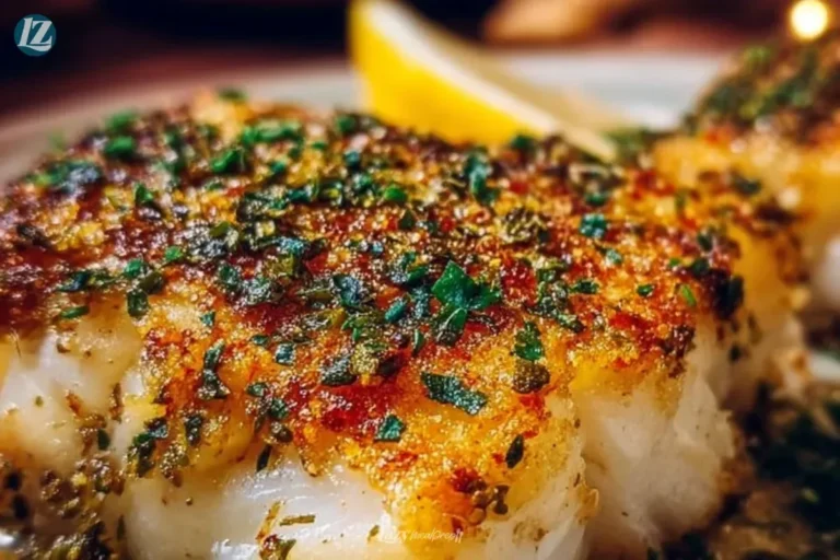 Delicious Boston baked cod served with herbs and lemon