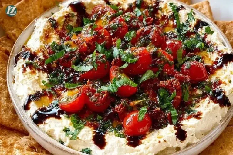 Delicious Bruschetta Dip served with crispy bread and fresh toppings