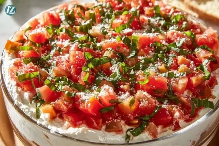 Colorful bruschetta dip served with crispy bread on a platter