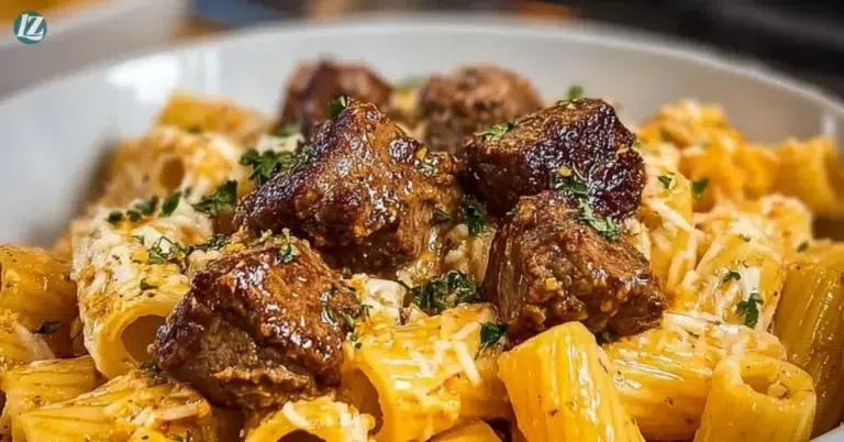 Delicious Cajun Steak Tips served with creamy Parmesan Rigatoni on a white plate