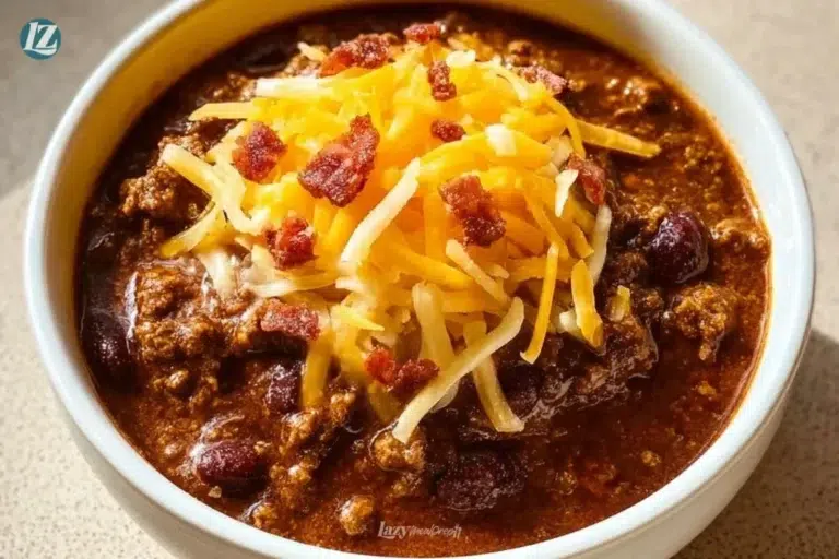 Delicious bowl of Carnivore Chili garnished with fresh herbs