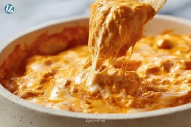 Cheesy Crock Pot Buffalo Chicken Dip in a serving dish