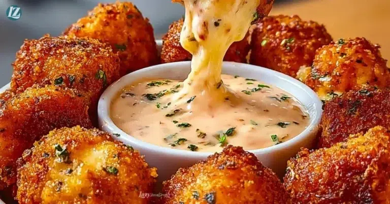 Cheesy jalapeño ranch chicken poppers on a plate with creamy dip