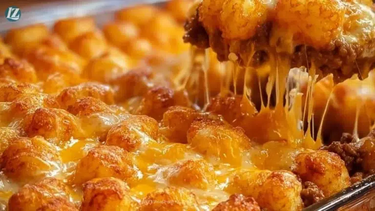 Chili Cheese Tater Tot Casserole served in a baking dish with melted cheese on top.