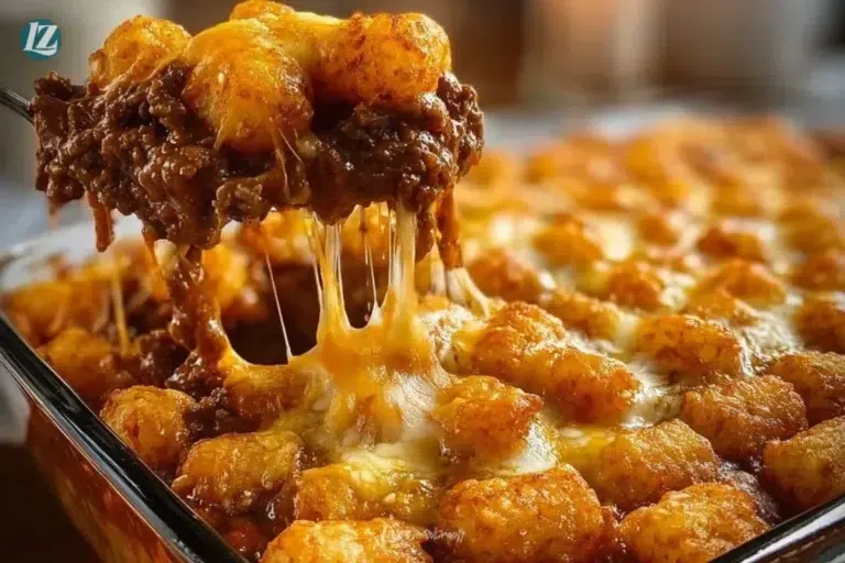Chili Cheese Tater Tot Casserole topped with melty cheese and savory chili.
