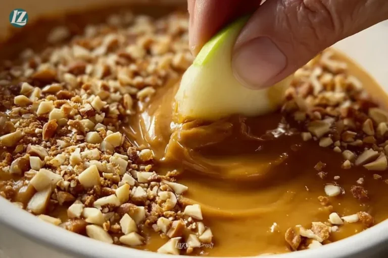 Cream cheese caramel apple dip served with fresh apple slices.