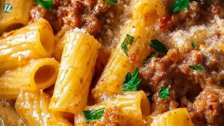 Creamy Italian sausage rigatoni with herbs and cheese in a bowl