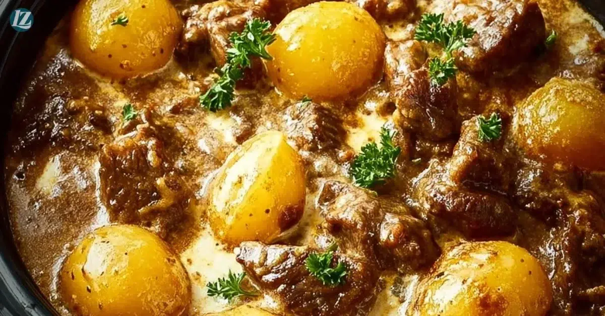 Creamy one-pot beef and potato casserole ready to serve in a bowl