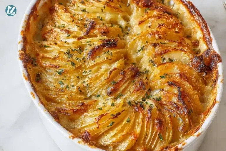 Creamy scalloped potatoes in a baking dish, garnished with fresh herbs.