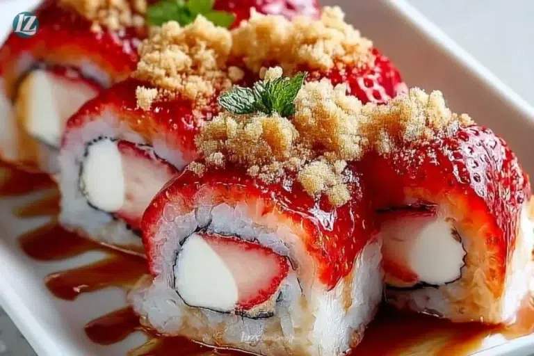 Creative strawberry shortcake sushi roll dessert recipe with fresh strawberries.