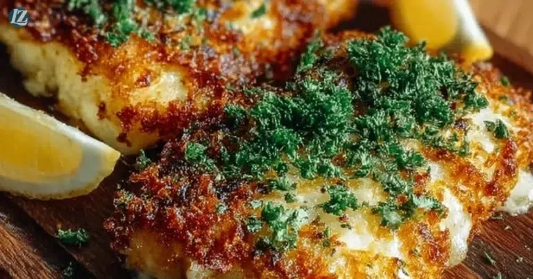 Crispy air fryer parmesan crusted cod fillet on a plate with lemon wedge