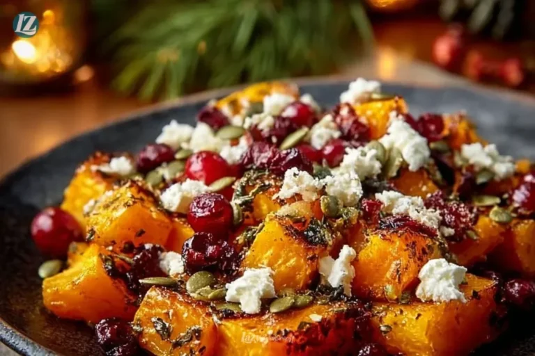 Crispy honey-roasted butternut with cranberries, feta cheese, and pumpkin seeds.