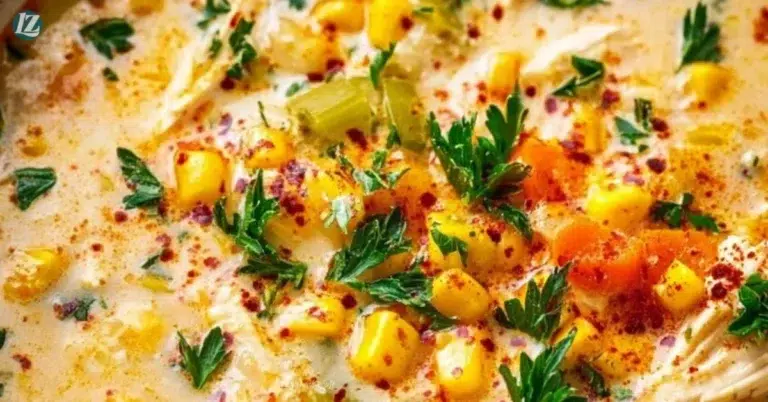 Bowl of homemade Crockpot Chicken Corn Chowder with fresh herbs