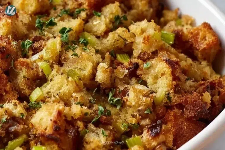 Grandma's Thanksgiving stuffing recipe served in a festive bowl.