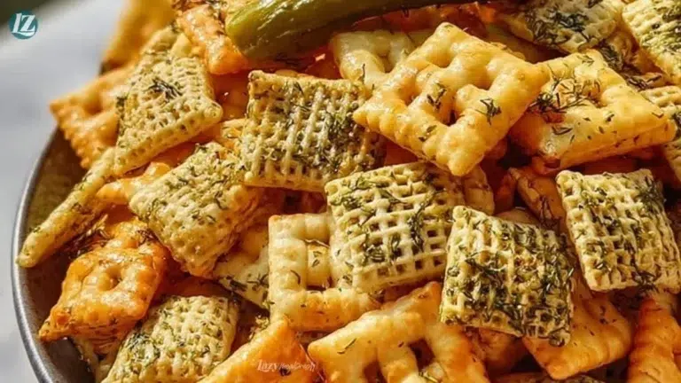 Bowl of Dill Pickle Chex Mix, a tangy and crunchy snack mix
