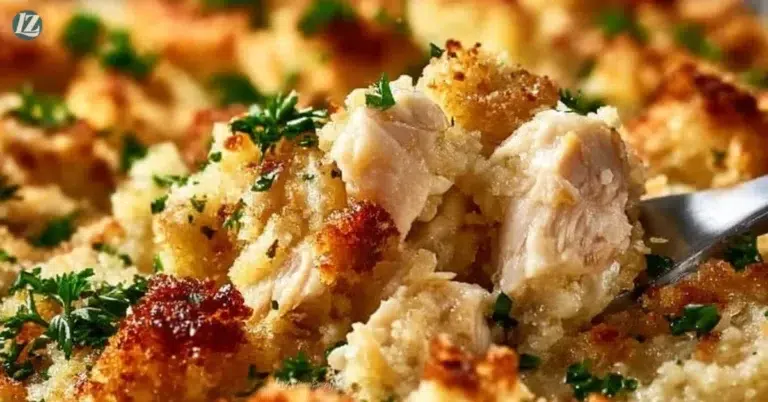 Dolly’s Chicken and Stuffing Casserole on a serving dish