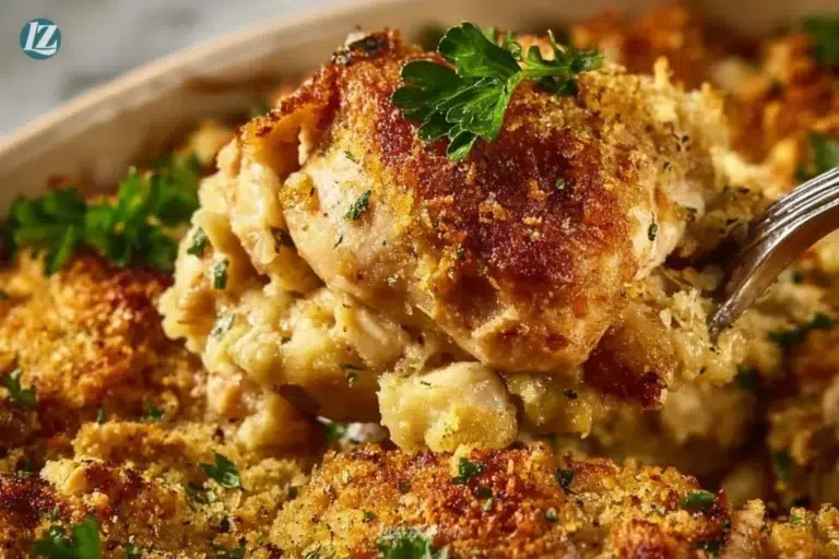 Dolly's Chicken and Stuffing Casserole topped with herbs and breadcrumbs.