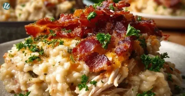 Delicious Chicken Alfredo Casserole with creamy sauce and rice in a baking dish