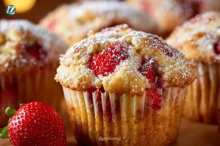 Freshly baked easy homemade strawberry muffins on a wooden table