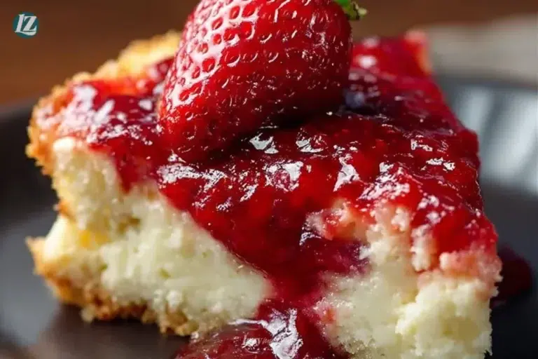 Delicious Easy Strawberry Cheesecake Dump Cake topped with fresh strawberries