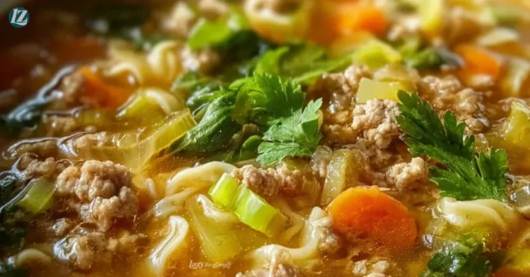 Bowl of delicious Egg Roll Soup topped with fresh vegetables and crispy wontons
