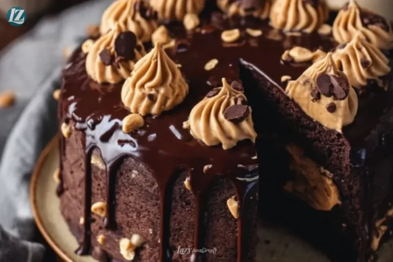 Extra moist and rich chocolate peanut butter cake ready to be served