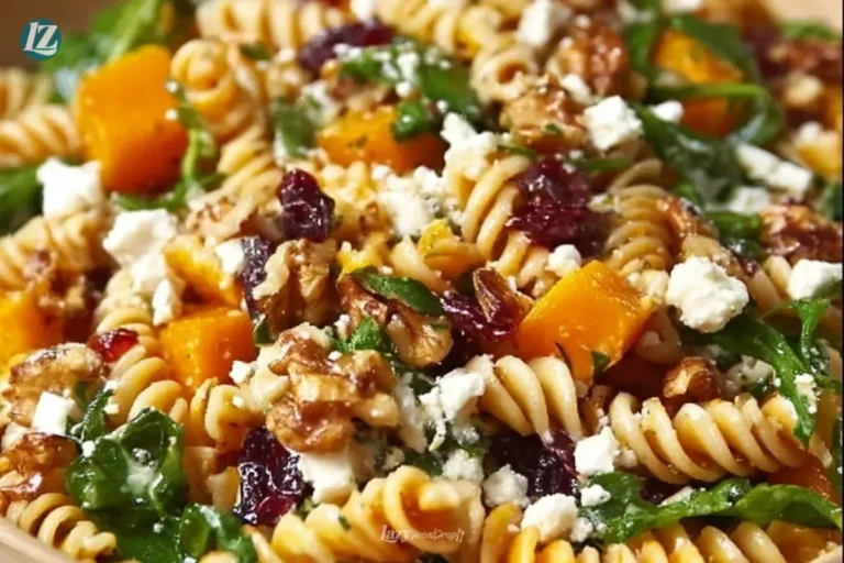 A colorful bowl of Fall Harvest Pasta Salad with seasonal ingredients