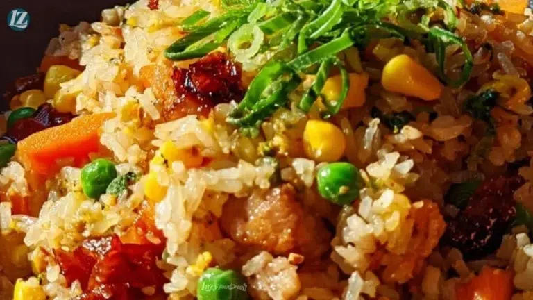 Delicious bowl of freakin' fantastic fried rice with colorful vegetables and chicken