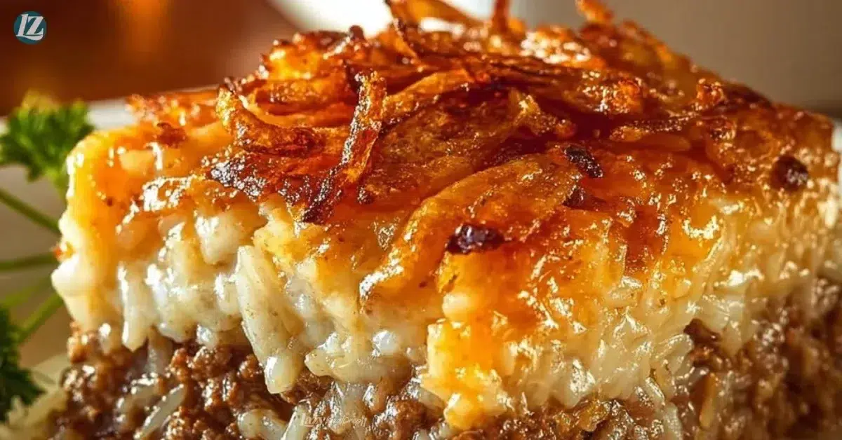 French onion casserole with ground beef and rice served in a dish