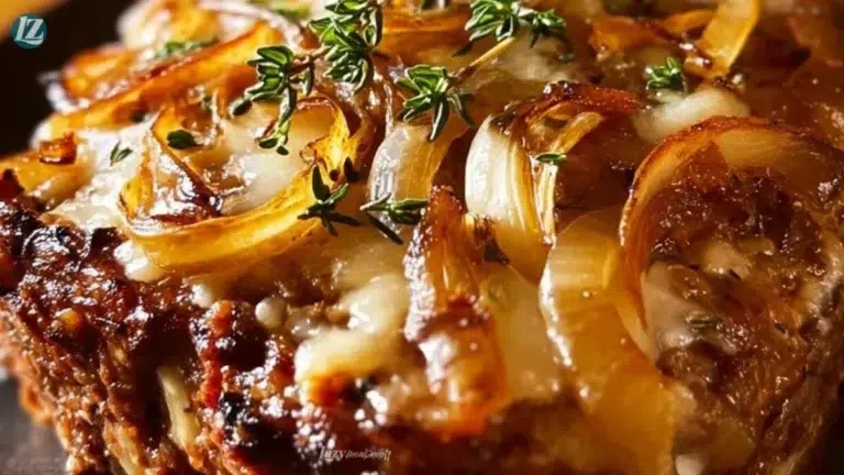 Delicious French Onion Meatloaf topped with caramelized onions and cheese