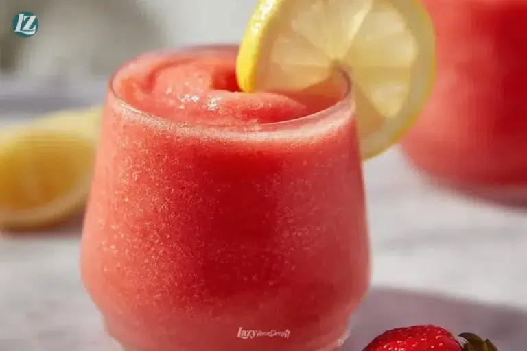Refreshing frozen strawberry lemonade in a glass with strawberries