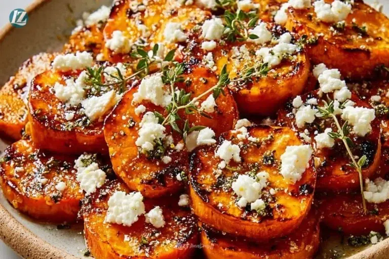 Gourmet honey feta sweet potato rounds on a platter.